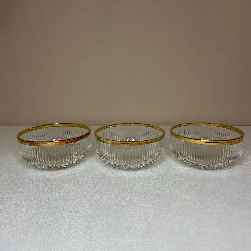 Vintage Italian Blown Crystal Dessert Bowls 24K Gold Trim - Set of 3